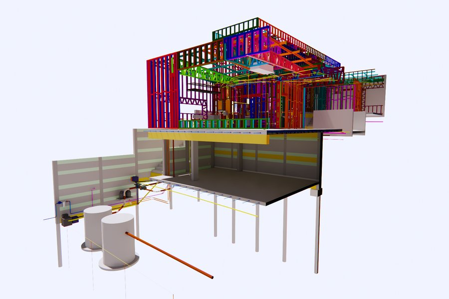 Corte tridimensional de um edifício modelado em BIM, com os pisos e a estrutura
              em light steel frame visíveis.